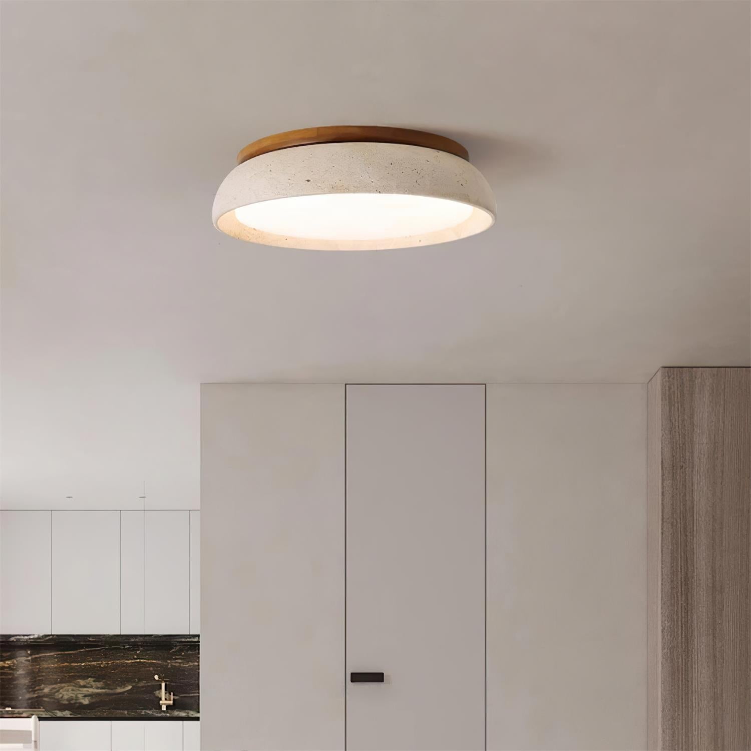 Contemporary Round Ceiling Light with Travertine Finish