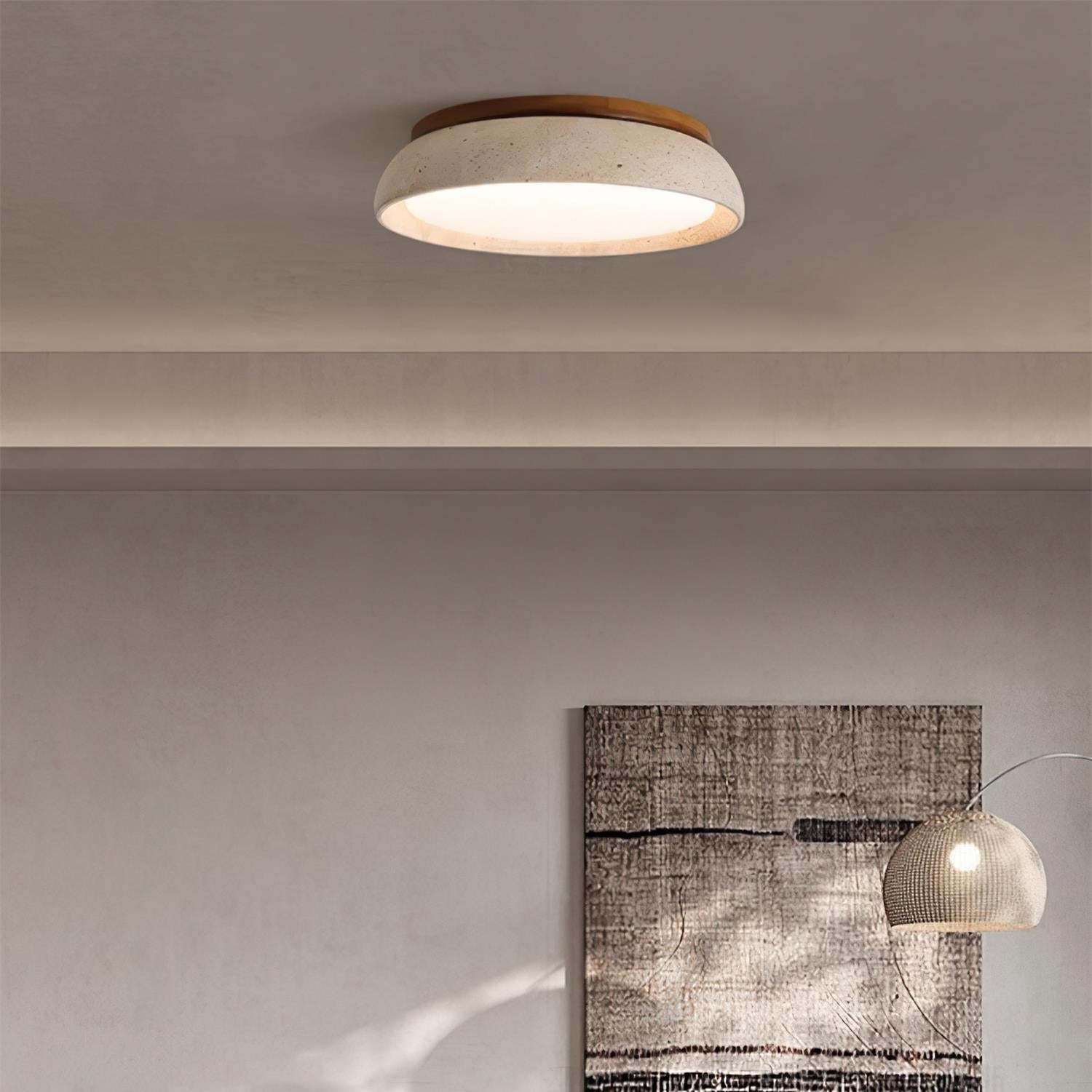 Contemporary Round Ceiling Light with Travertine Finish