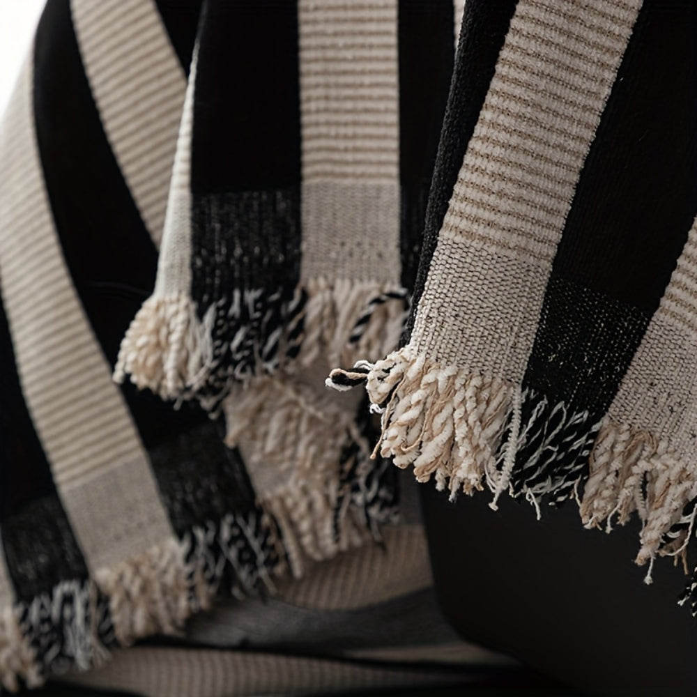 Cozy Black and White Striped Chenille Sofa Throw with Textured Weave