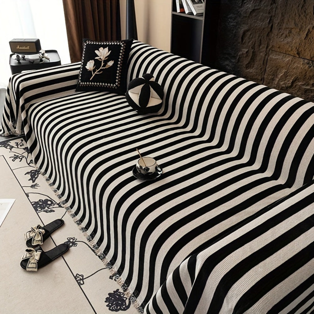 Cozy Black and White Striped Chenille Sofa Throw with Textured Weave