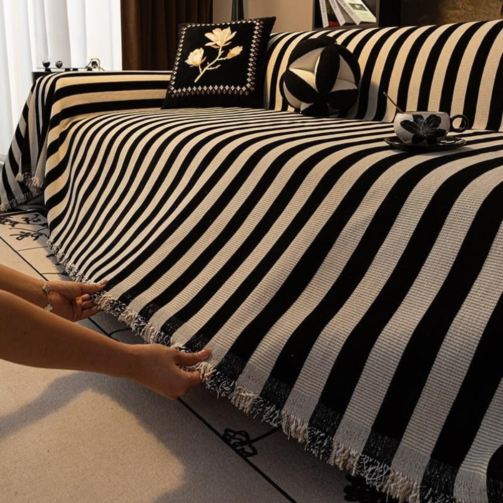 Cozy Black and White Striped Chenille Sofa Throw with Textured Weave