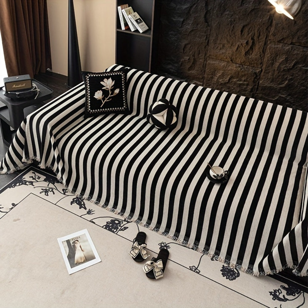 Cozy Black and White Striped Chenille Sofa Throw with Textured Weave