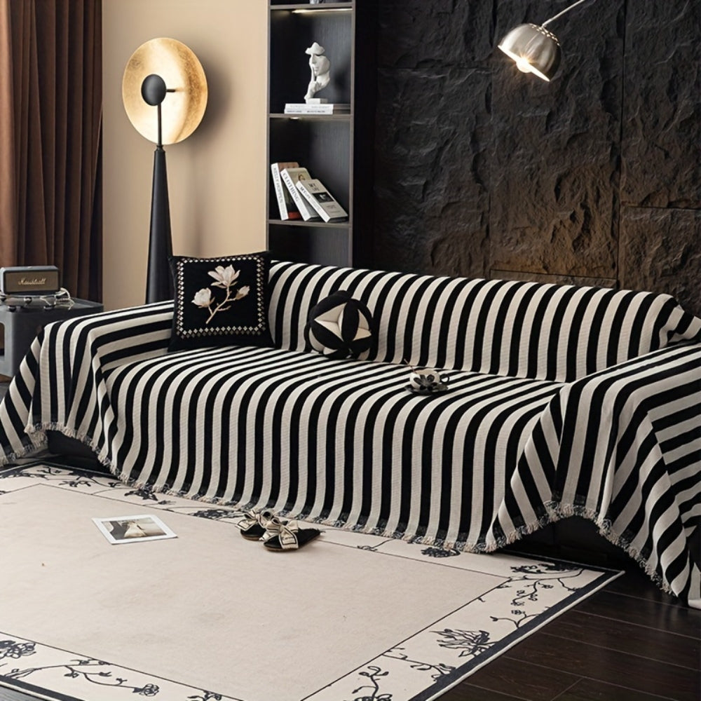 Cozy Black and White Striped Chenille Sofa Throw with Textured Weave