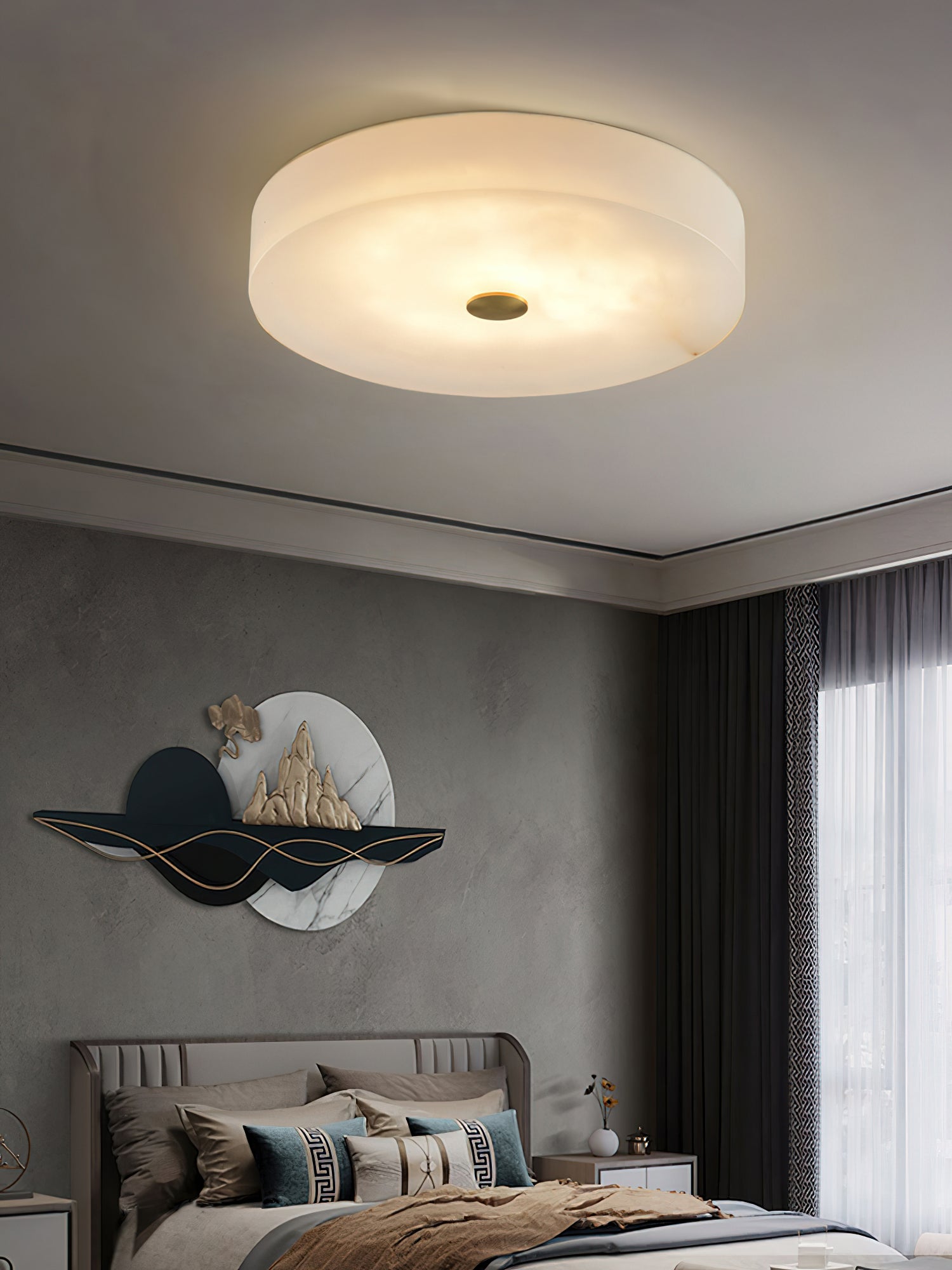 Alabaster Stone Ceiling Lamp – Warm Glow with Brass Accents