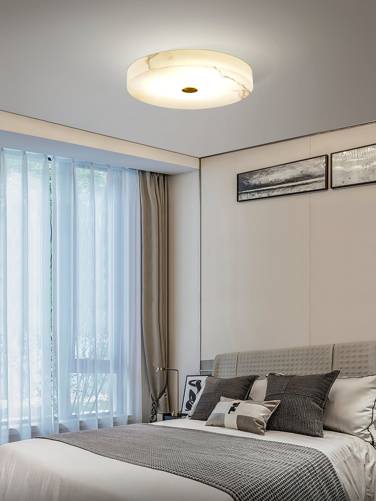 Alabaster Stone Ceiling Lamp – Warm Glow with Brass Accents