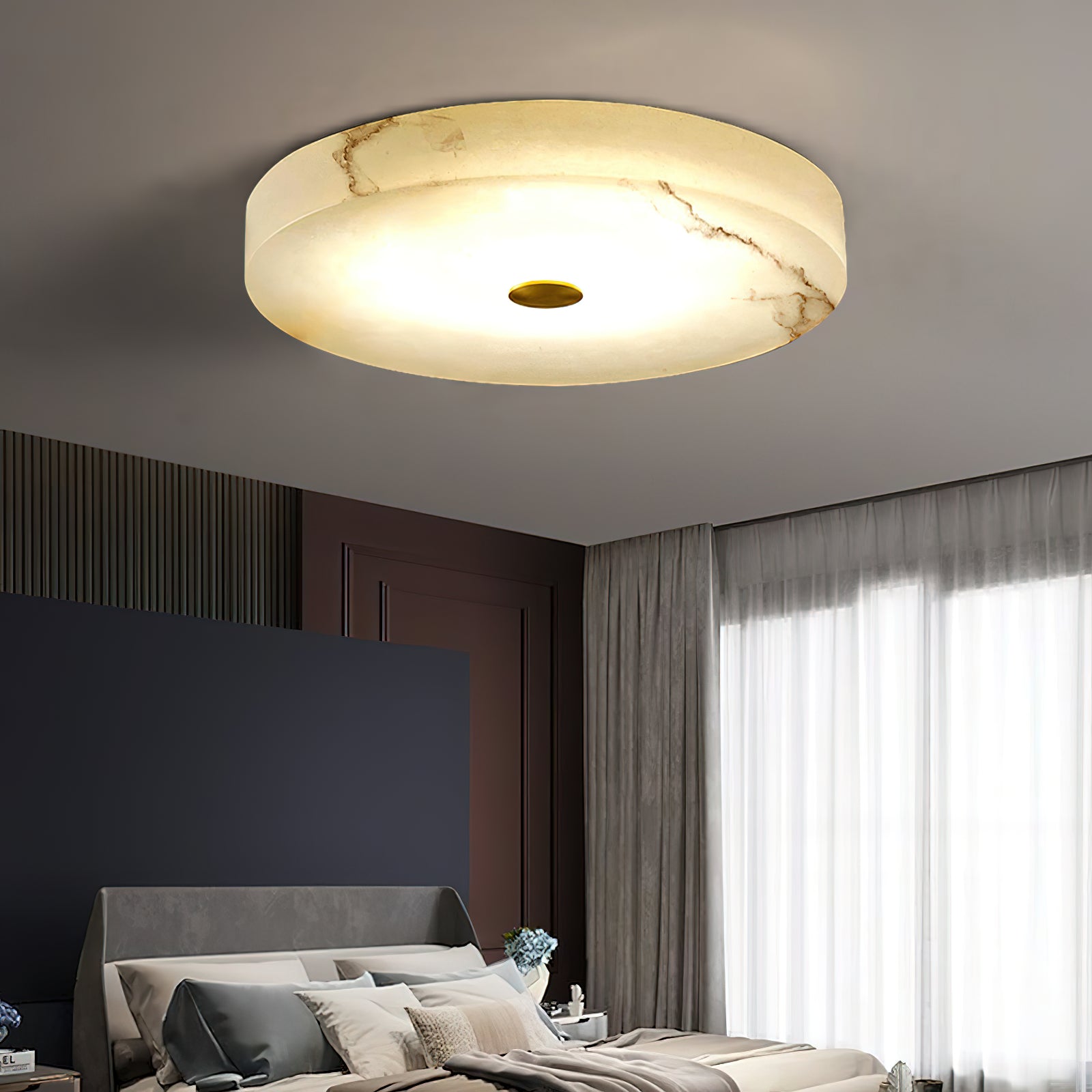 Alabaster Stone Ceiling Lamp – Warm Glow with Brass Accents