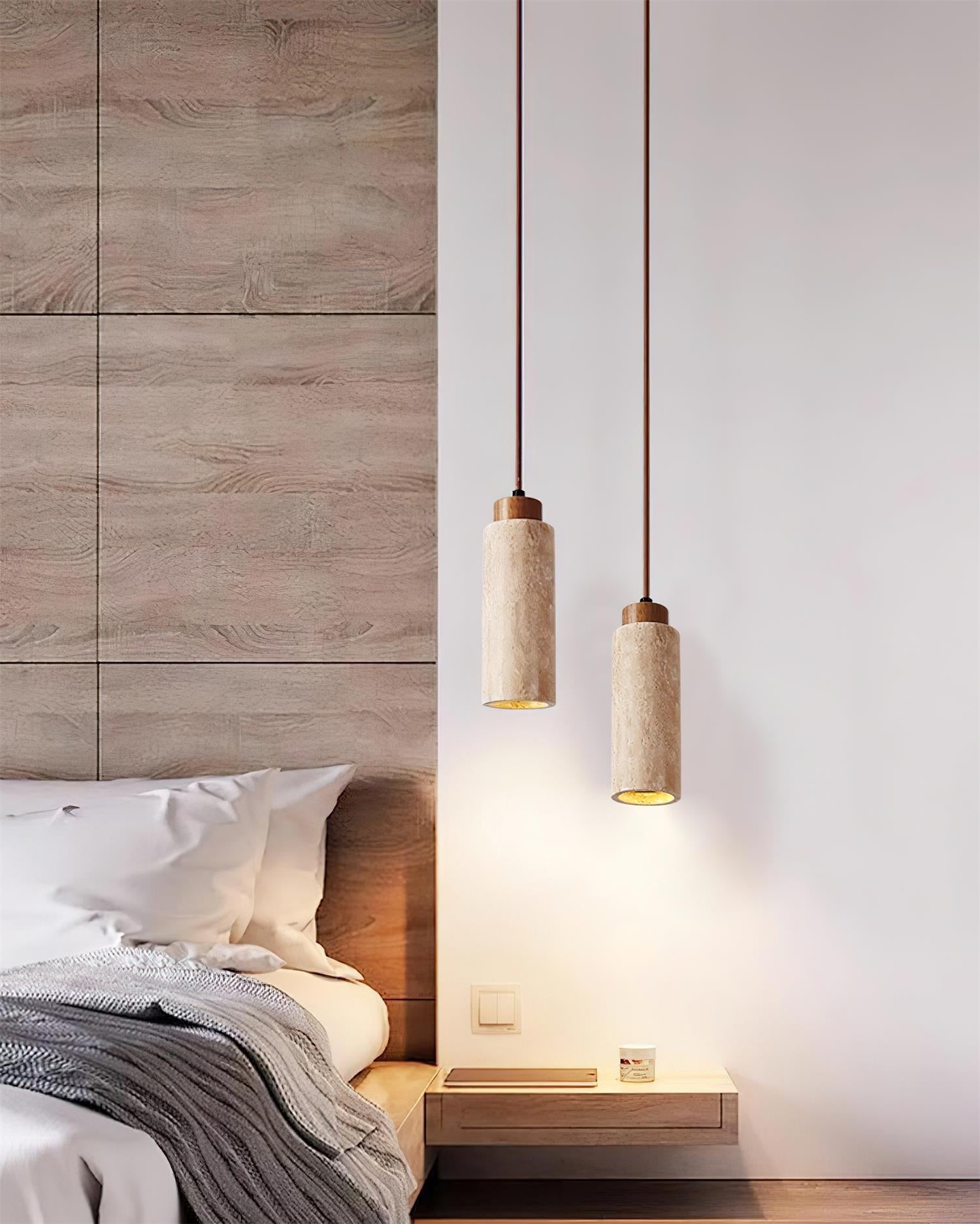 Stylish Wood & Travertine Ceiling Pendant – Adjustable Hanging Light