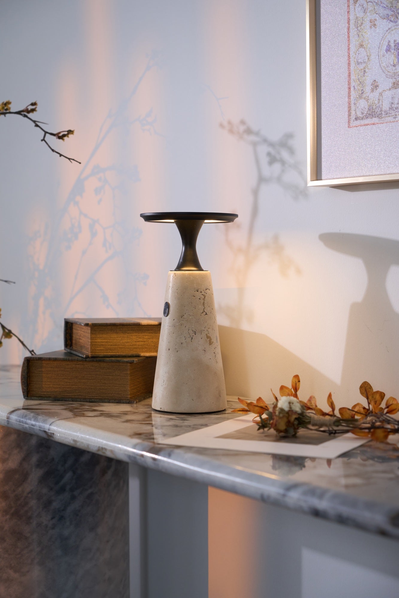Portable Travertine LED Table Lamp – Touch Control, USB Rechargeable