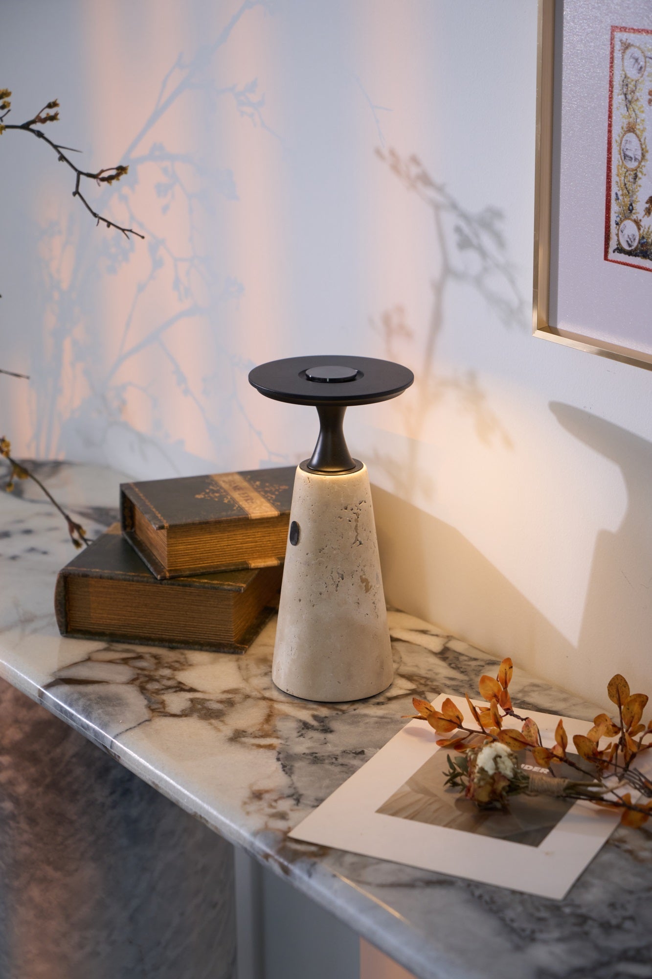 Portable Travertine LED Table Lamp – Touch Control, USB Rechargeable