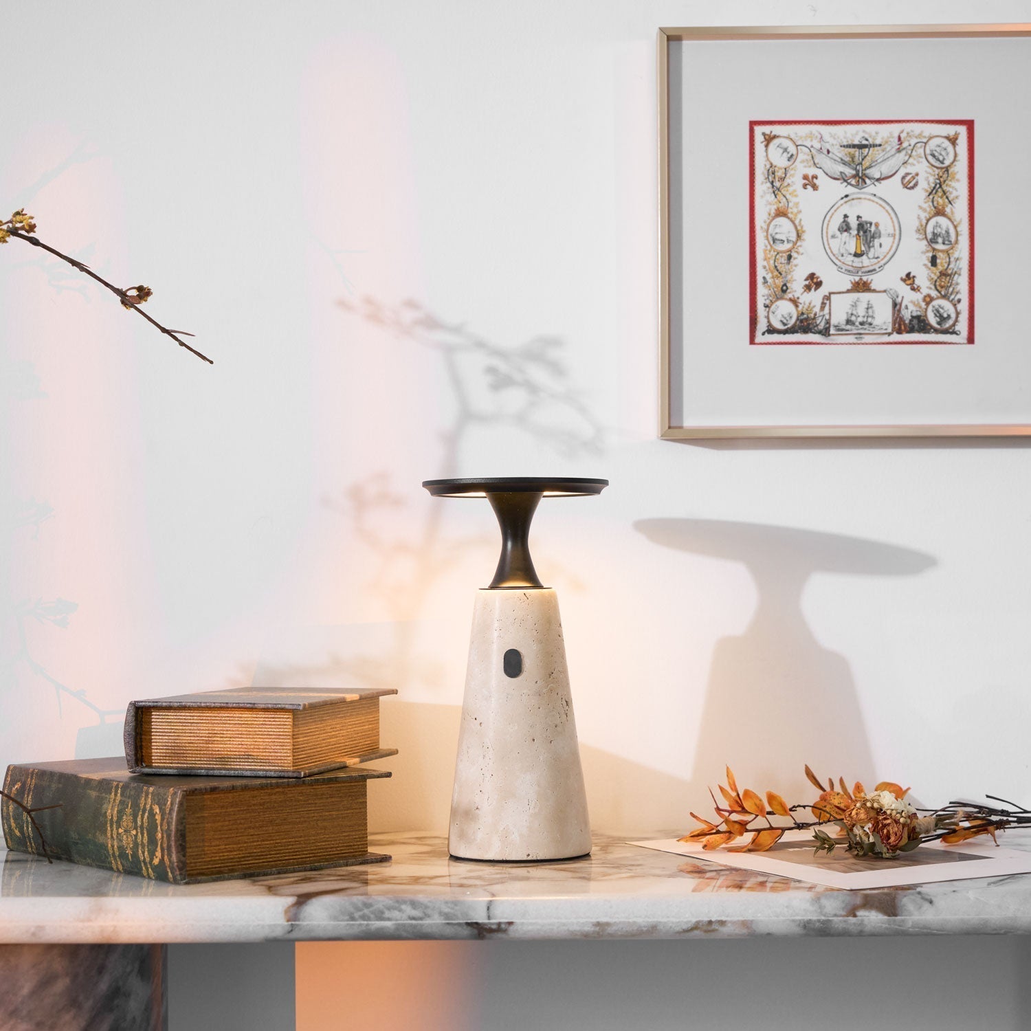 Portable Travertine LED Table Lamp – Touch Control, USB Rechargeable