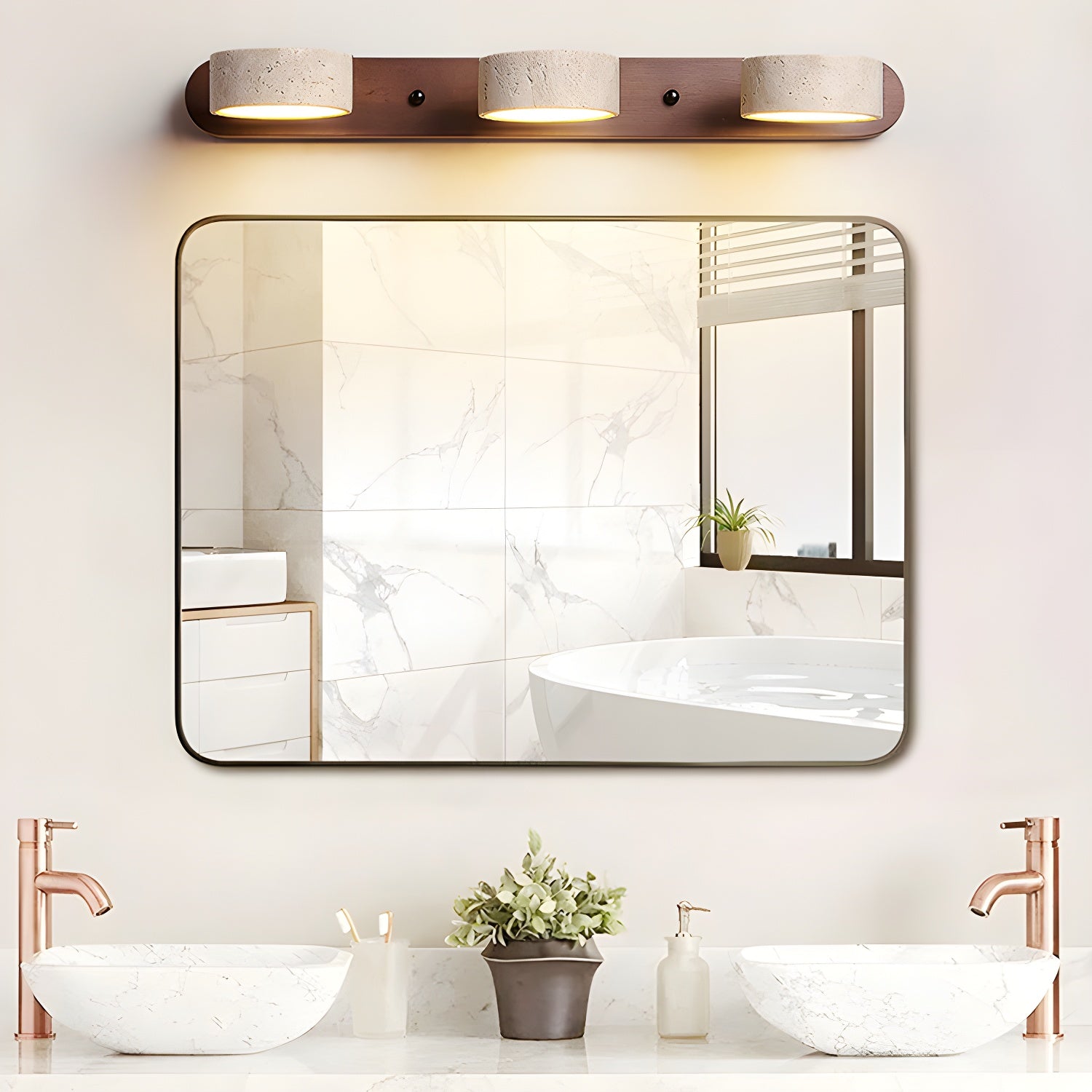 Contemporary Vanity Wall Lamp – Travertine and Wood Combination with LED Lighting
