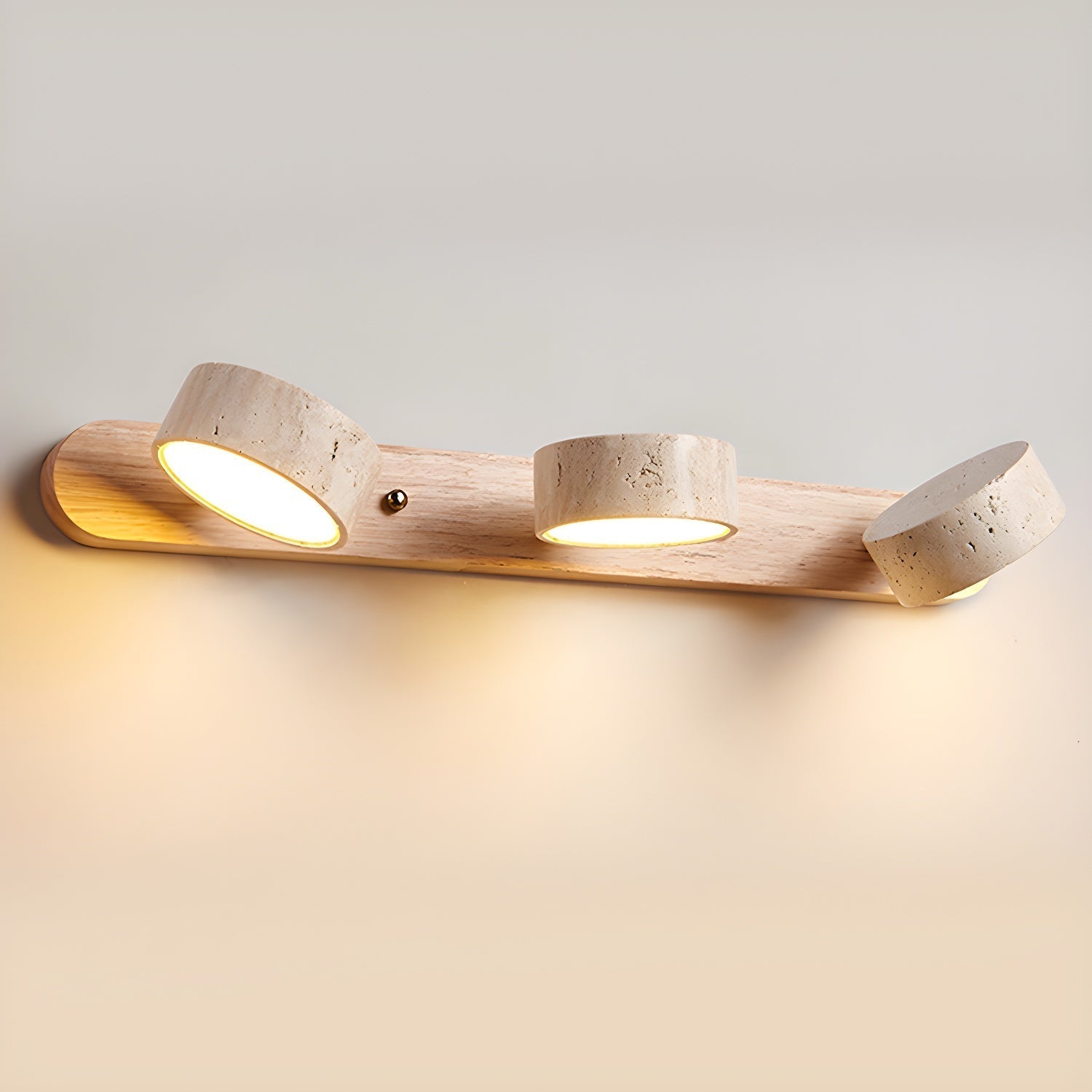 Contemporary Vanity Wall Lamp – Travertine and Wood Combination with LED Lighting
