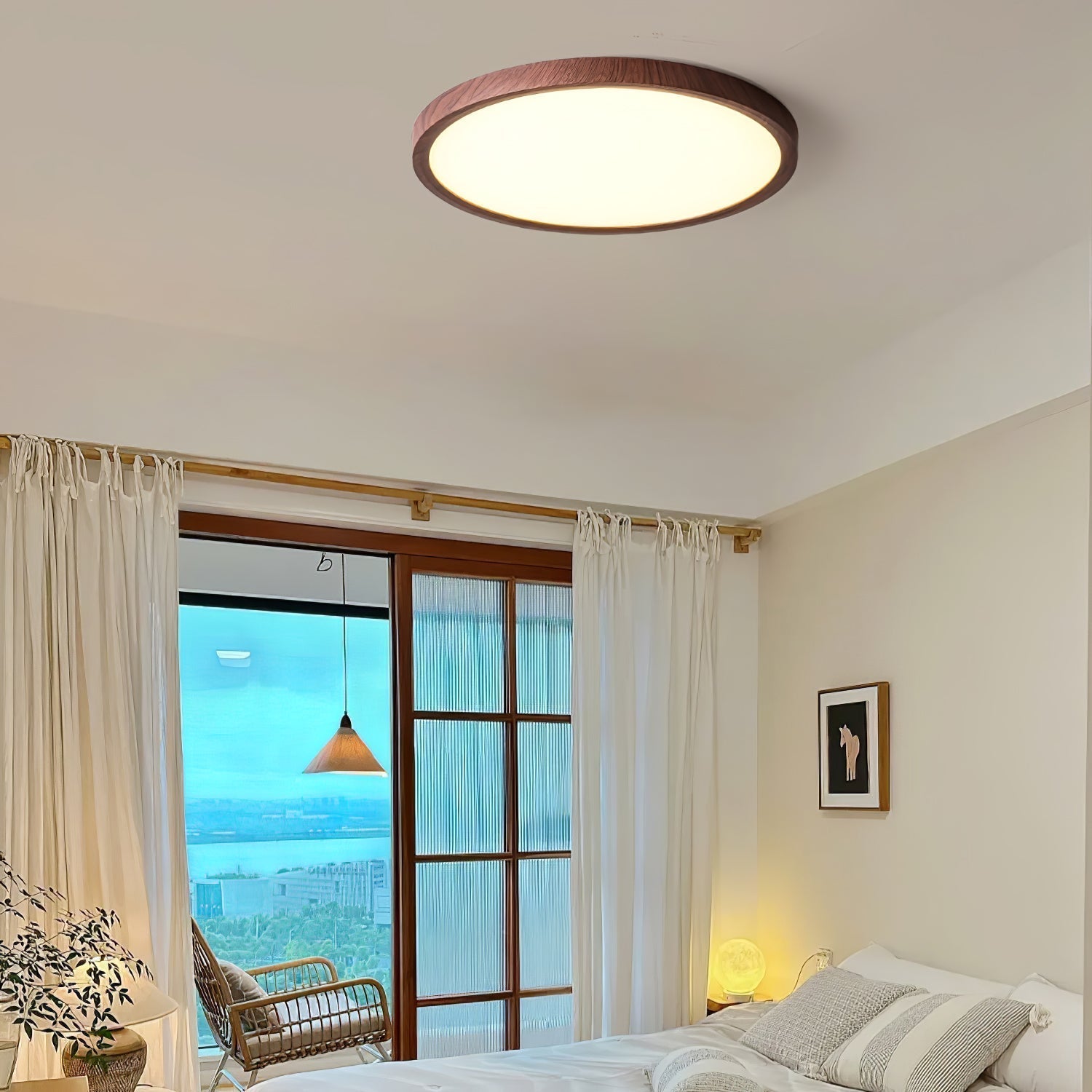 Contemporary Slim LED Ceiling Lamp – Metal & Acrylic Flush Mount in Walnut Finish