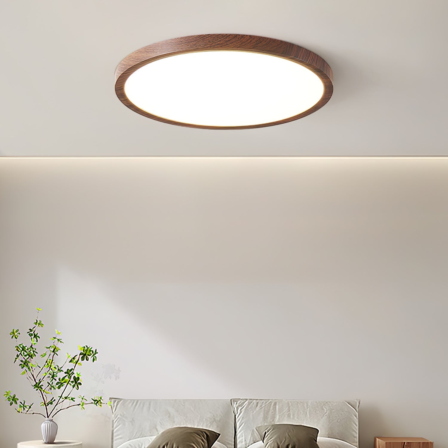 Contemporary Slim LED Ceiling Lamp – Metal & Acrylic Flush Mount in Walnut Finish