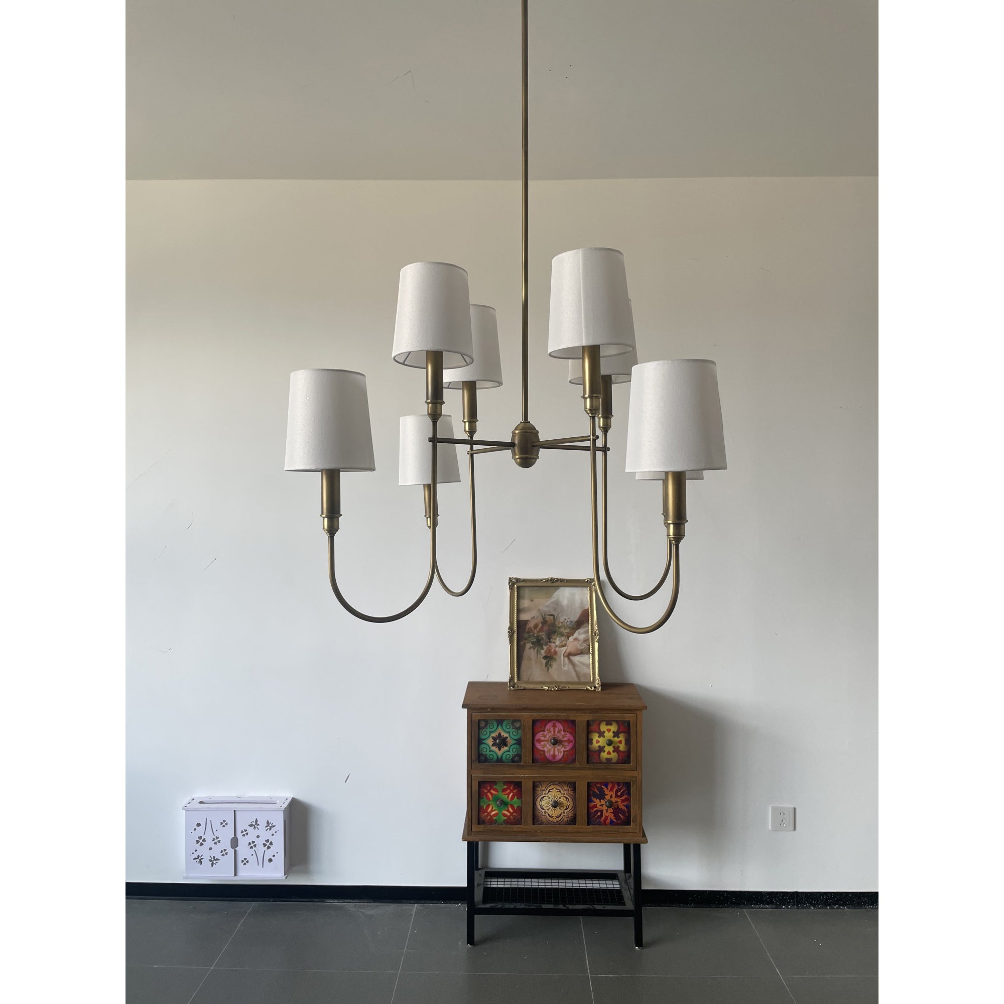 Rod Iron Chandelier with Fabric Shade – Traditional Pendant Lamp