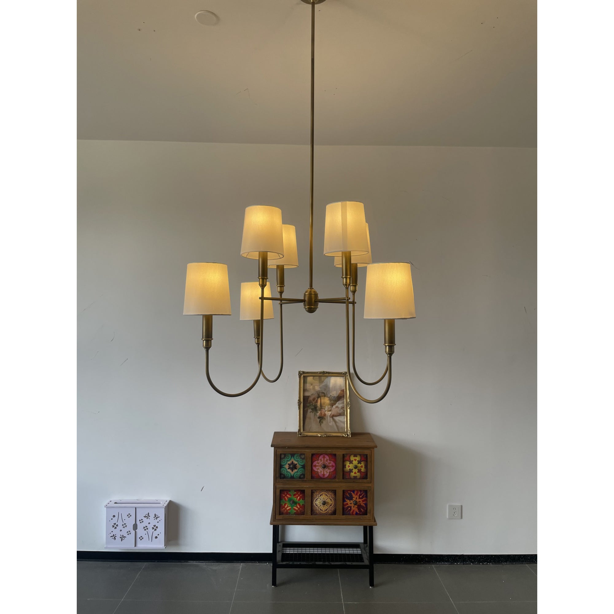 Rod Iron Chandelier with Fabric Shade – Traditional Pendant Lamp