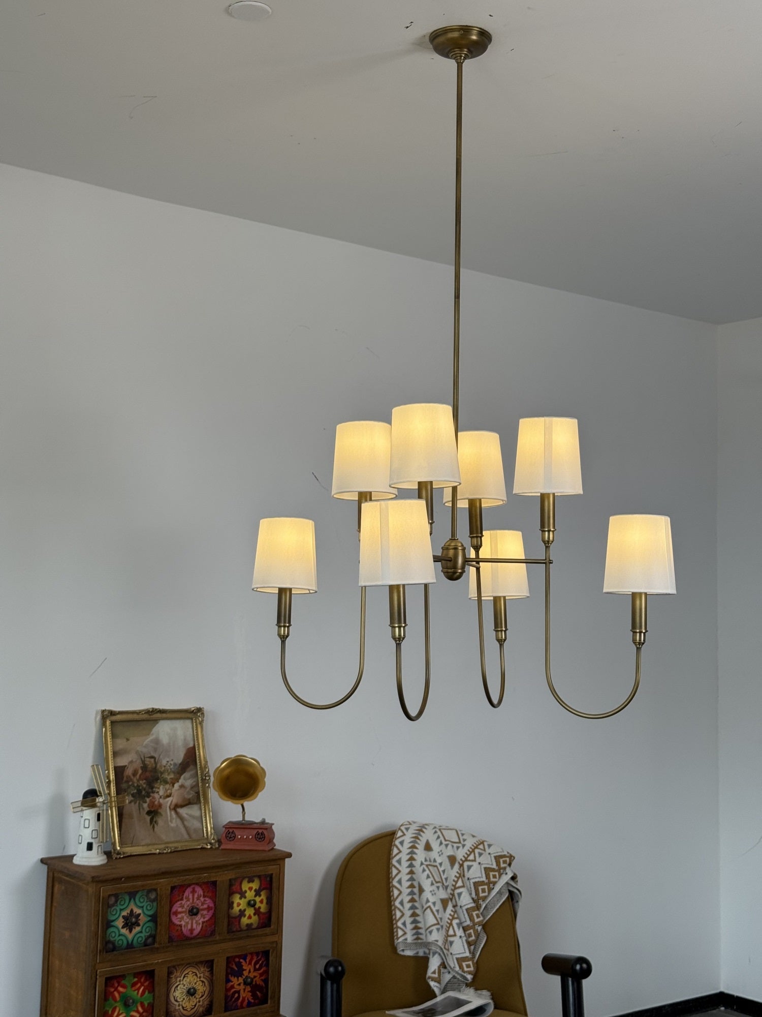 Rod Iron Chandelier with Fabric Shade – Traditional Pendant Lamp