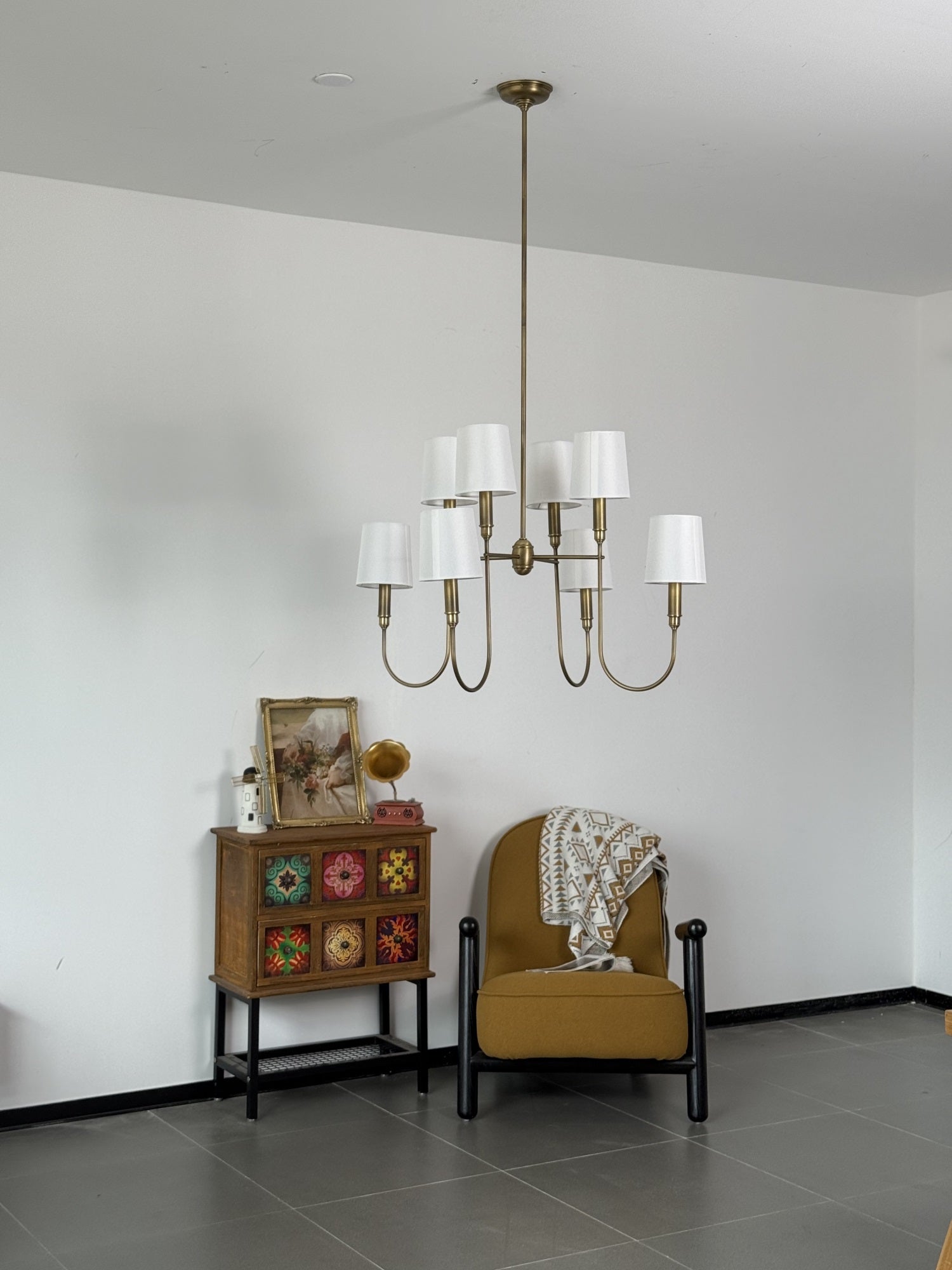 Rod Iron Chandelier with Fabric Shade – Traditional Pendant Lamp