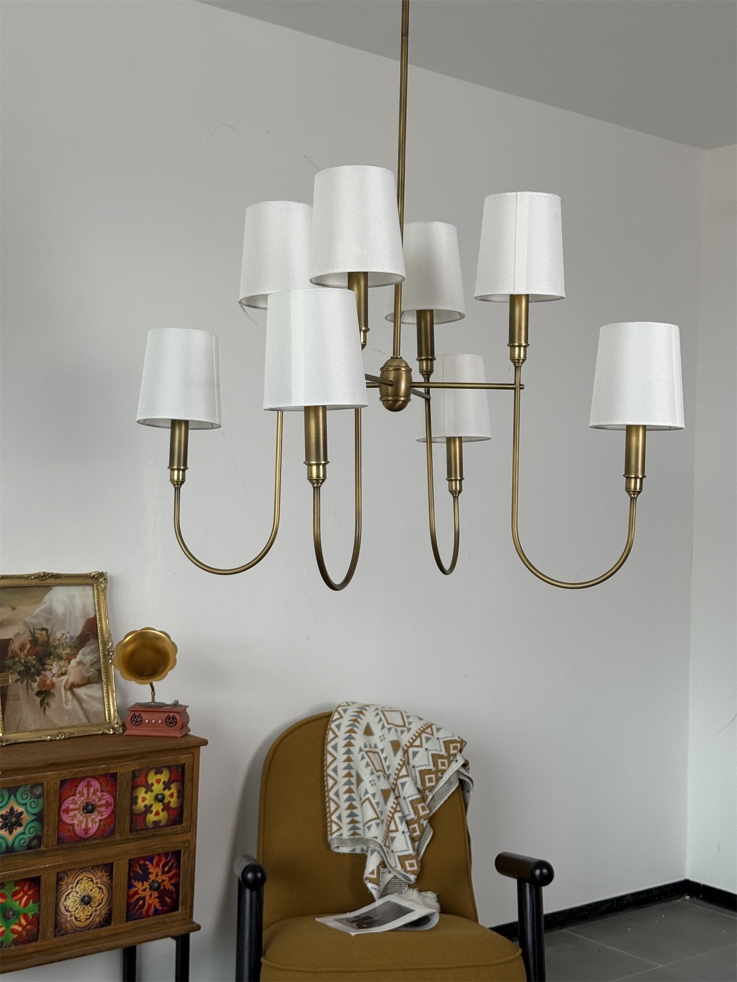 Rod Iron Chandelier with Fabric Shade – Traditional Pendant Lamp