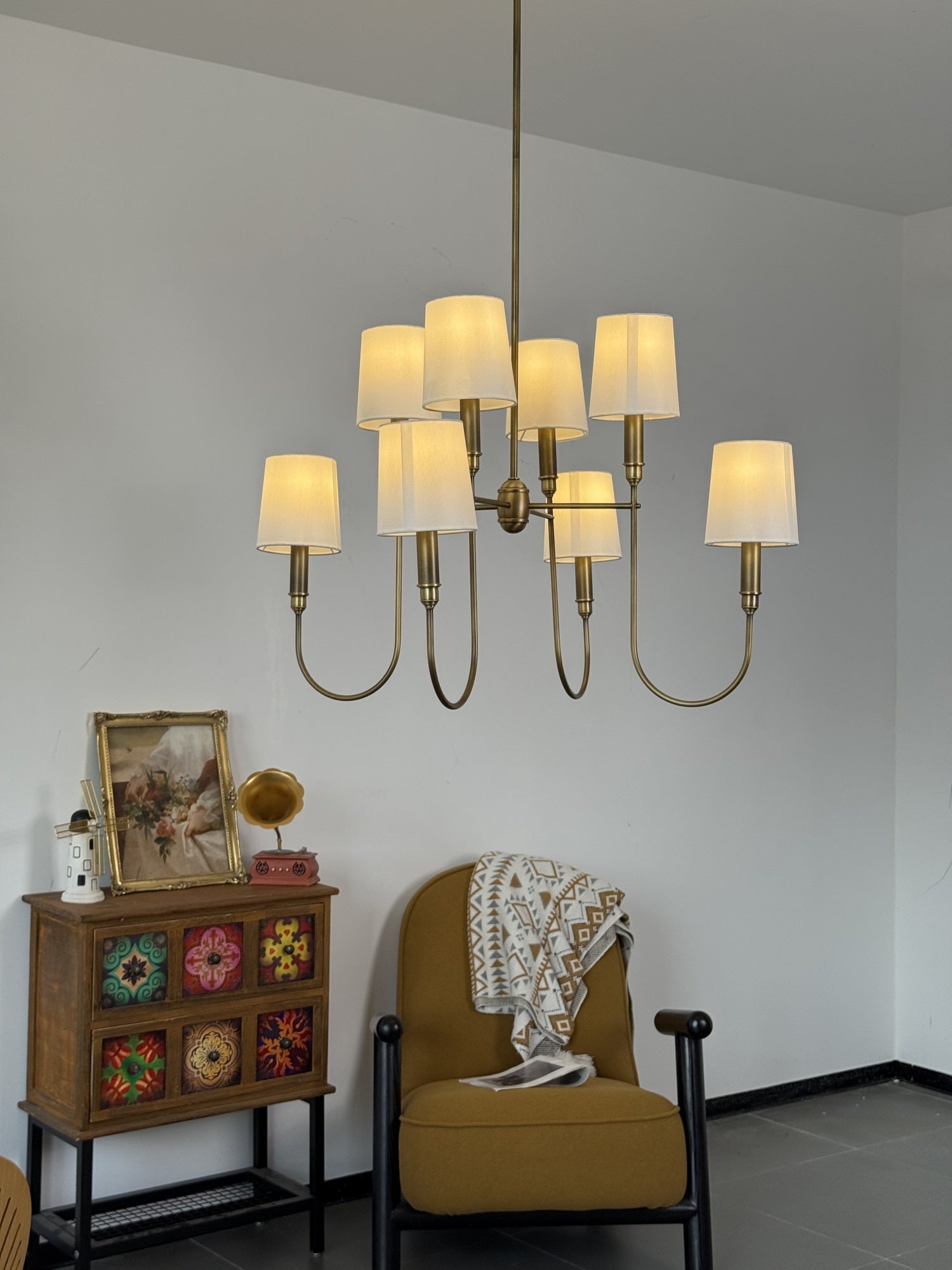Rod Iron Chandelier with Fabric Shade – Traditional Pendant Lamp