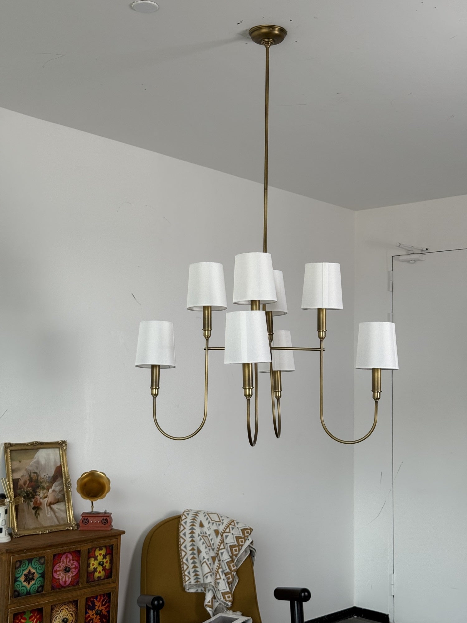 Rod Iron Chandelier with Fabric Shade – Traditional Pendant Lamp