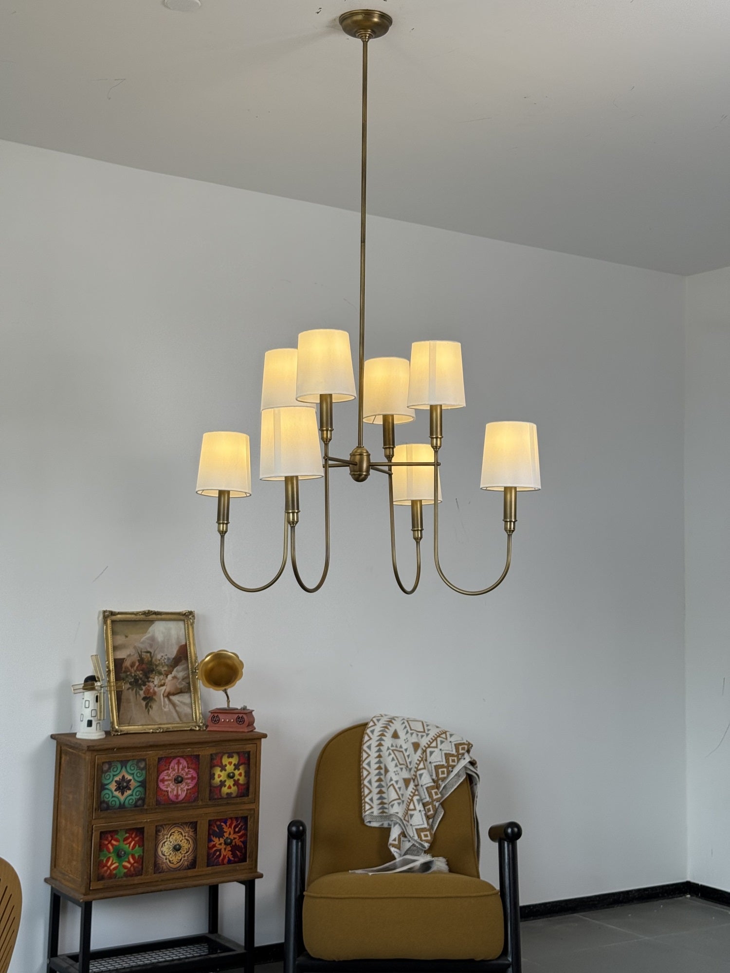 Rod Iron Chandelier with Fabric Shade – Traditional Pendant Lamp