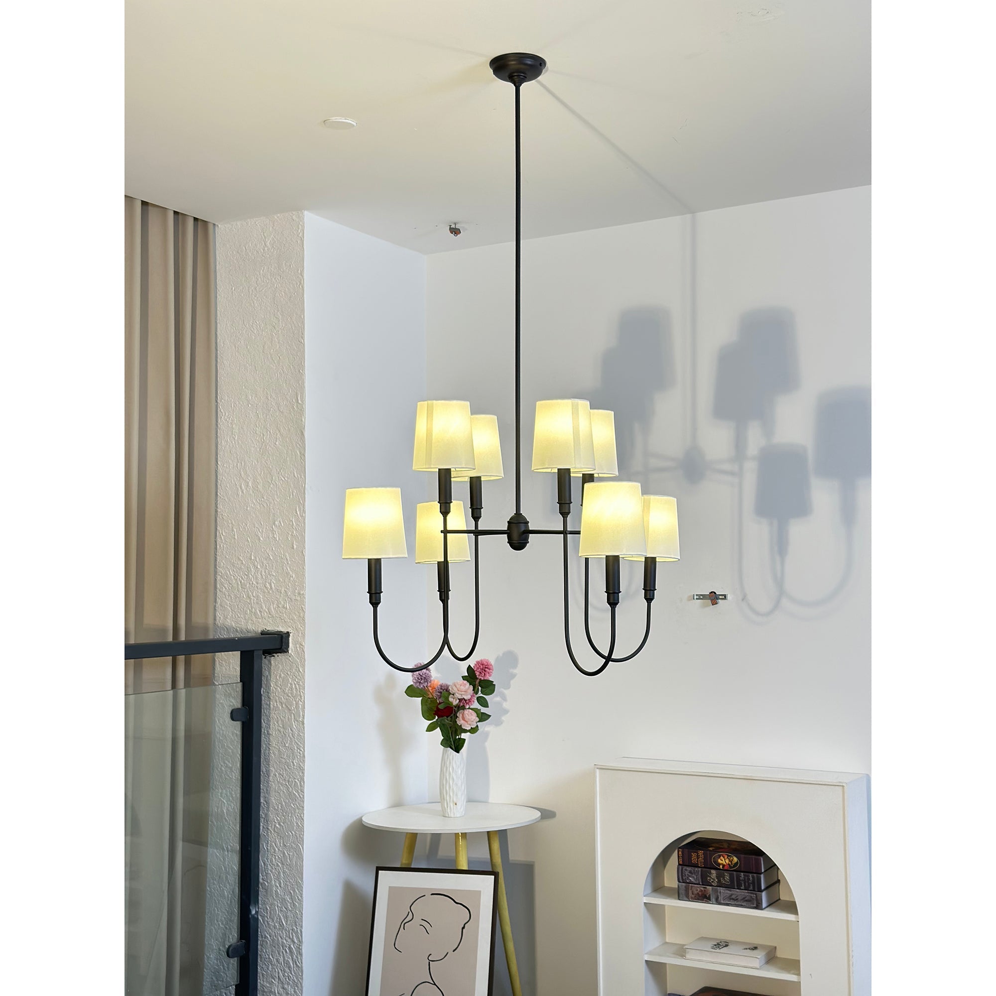Rod Iron Chandelier with Fabric Shade – Traditional Pendant Lamp