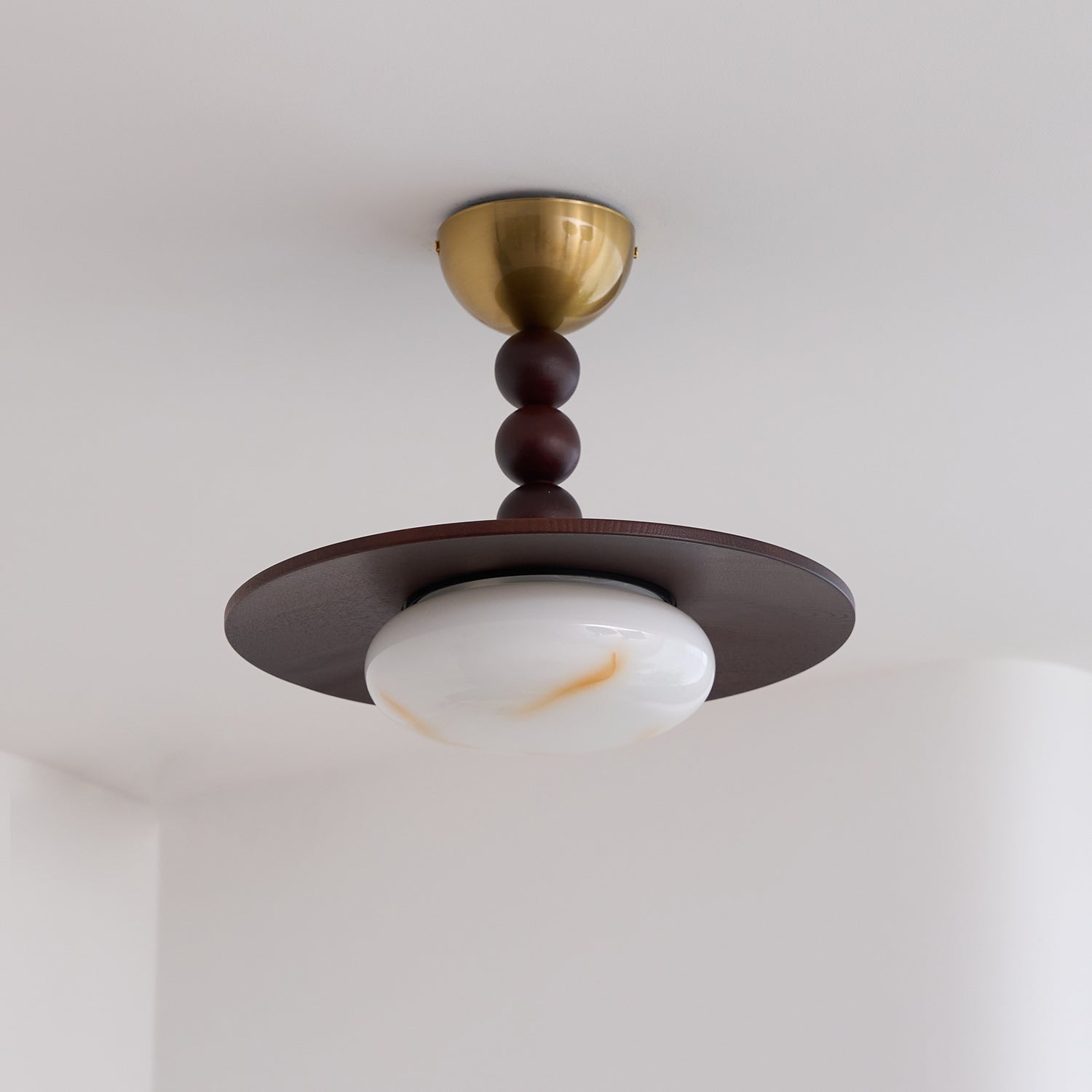 Metal and Wood Ceiling Lamp with Alabaster-Style Diffuser