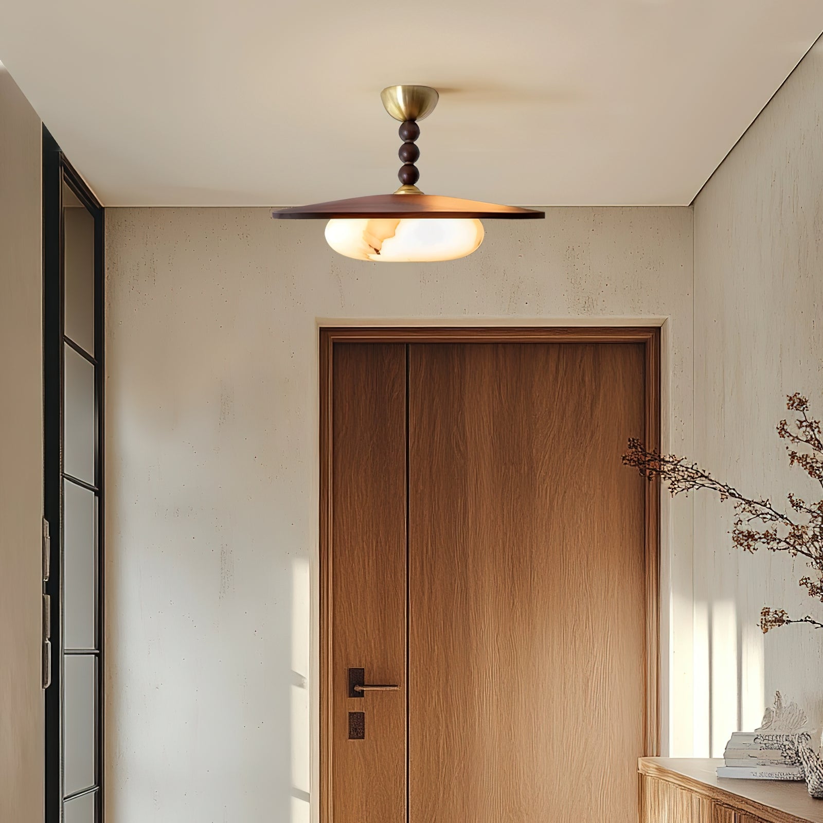 Metal and Wood Ceiling Lamp with Alabaster-Style Diffuser