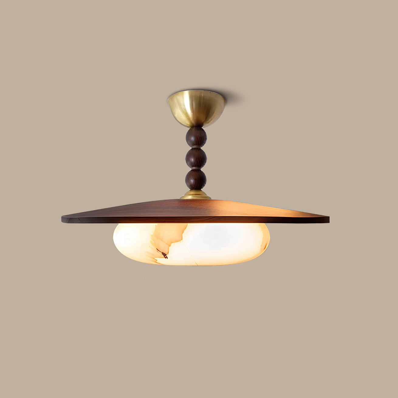 Metal and Wood Ceiling Lamp with Alabaster-Style Diffuser