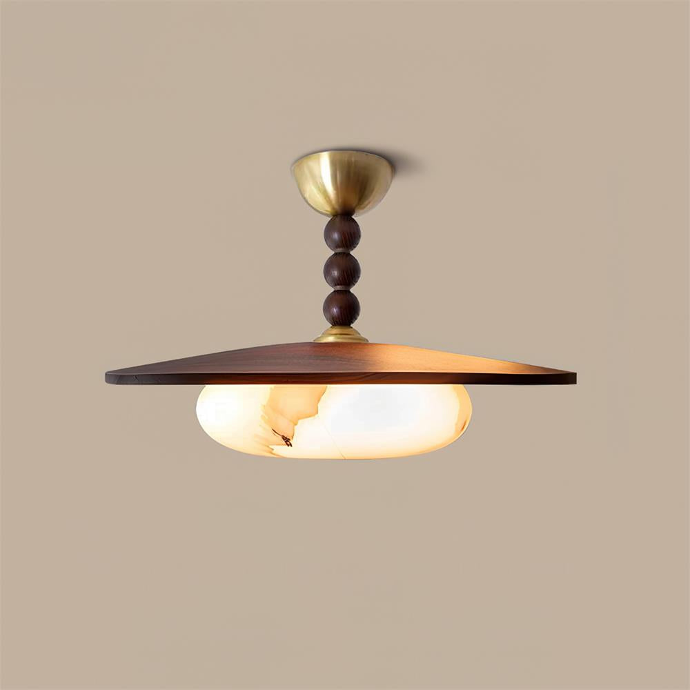 Metal and Wood Ceiling Lamp with Alabaster-Style Diffuser