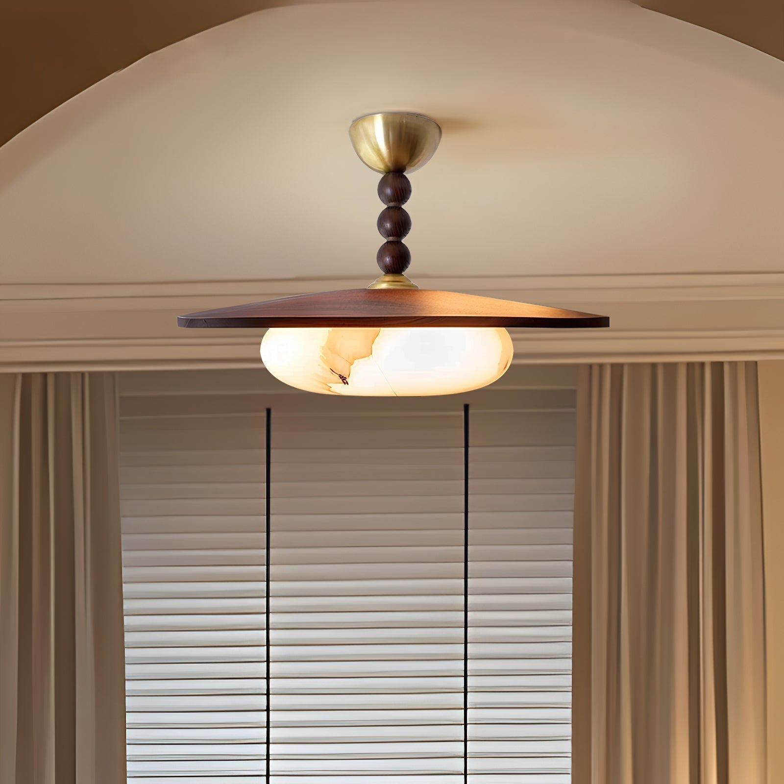 Metal and Wood Ceiling Lamp with Alabaster-Style Diffuser