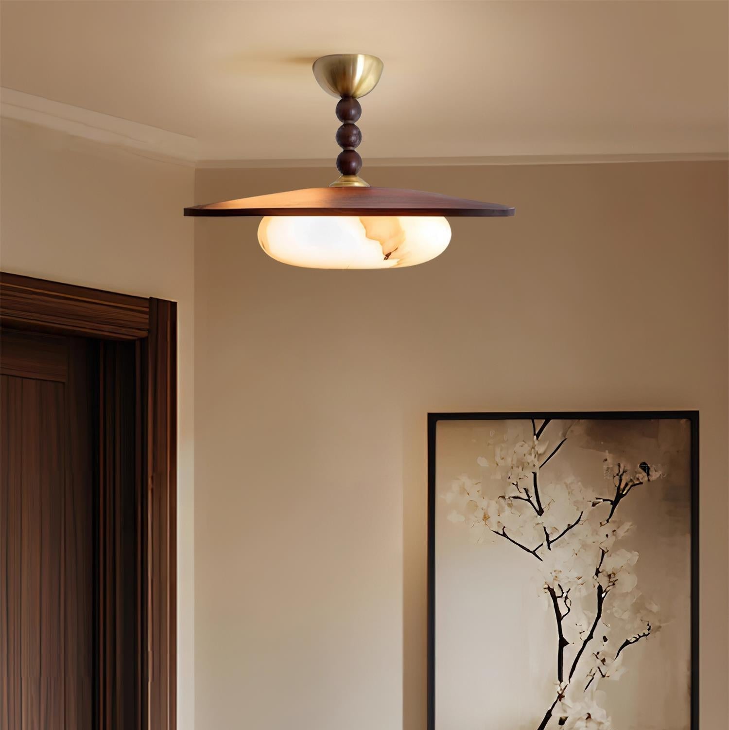 Metal and Wood Ceiling Lamp with Alabaster-Style Diffuser