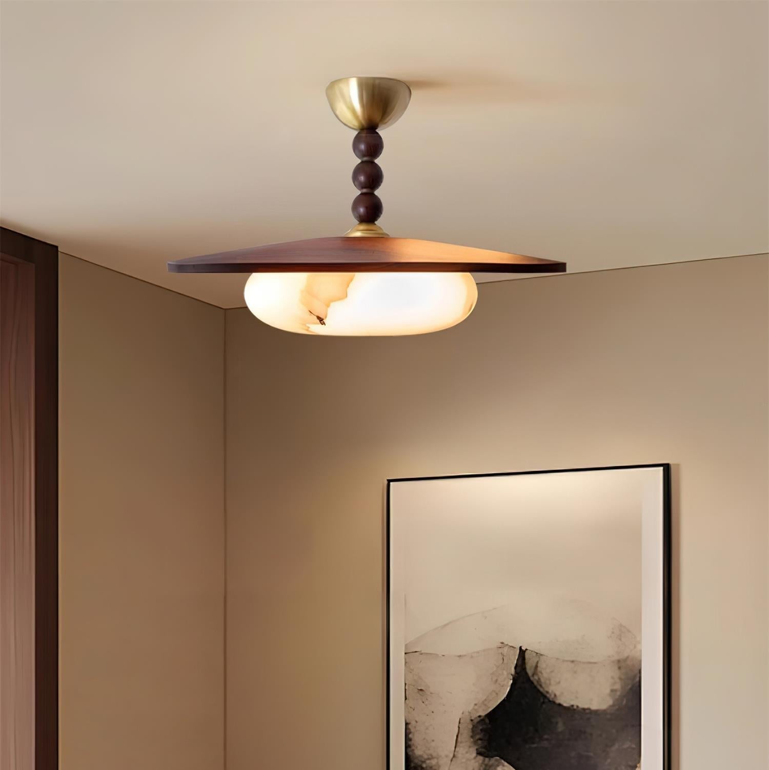 Metal and Wood Ceiling Lamp with Alabaster-Style Diffuser