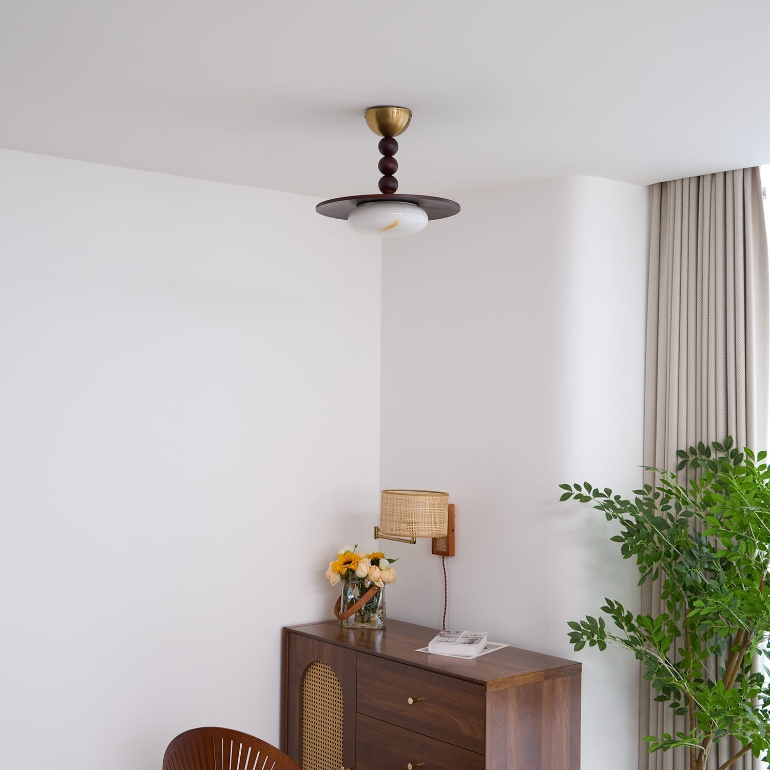 Metal and Wood Ceiling Lamp with Alabaster-Style Diffuser