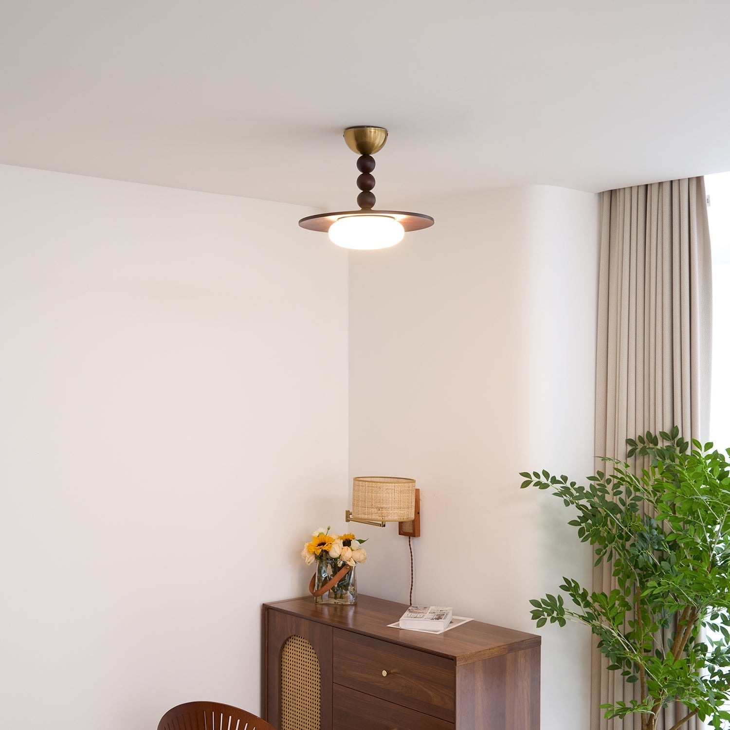 Metal and Wood Ceiling Lamp with Alabaster-Style Diffuser