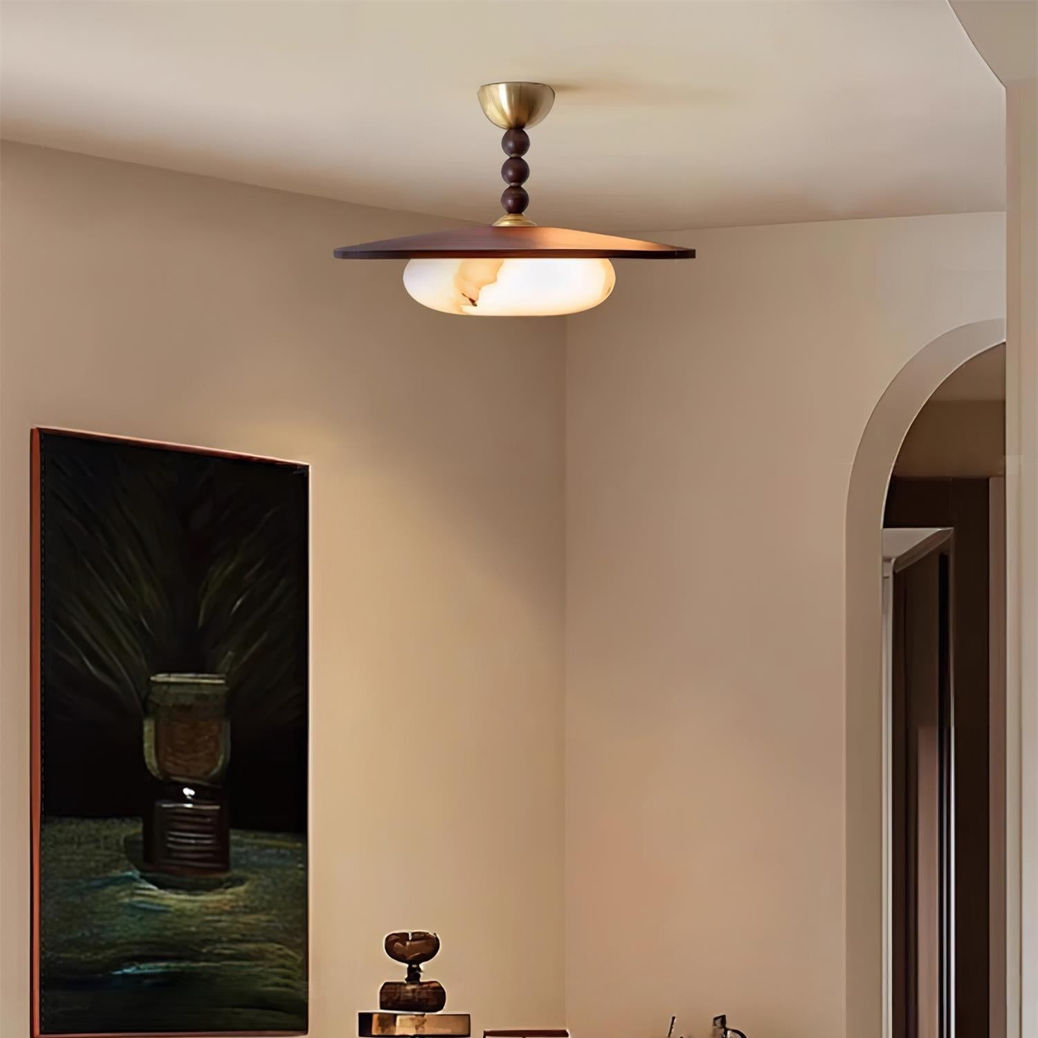 Metal and Wood Ceiling Lamp with Alabaster-Style Diffuser