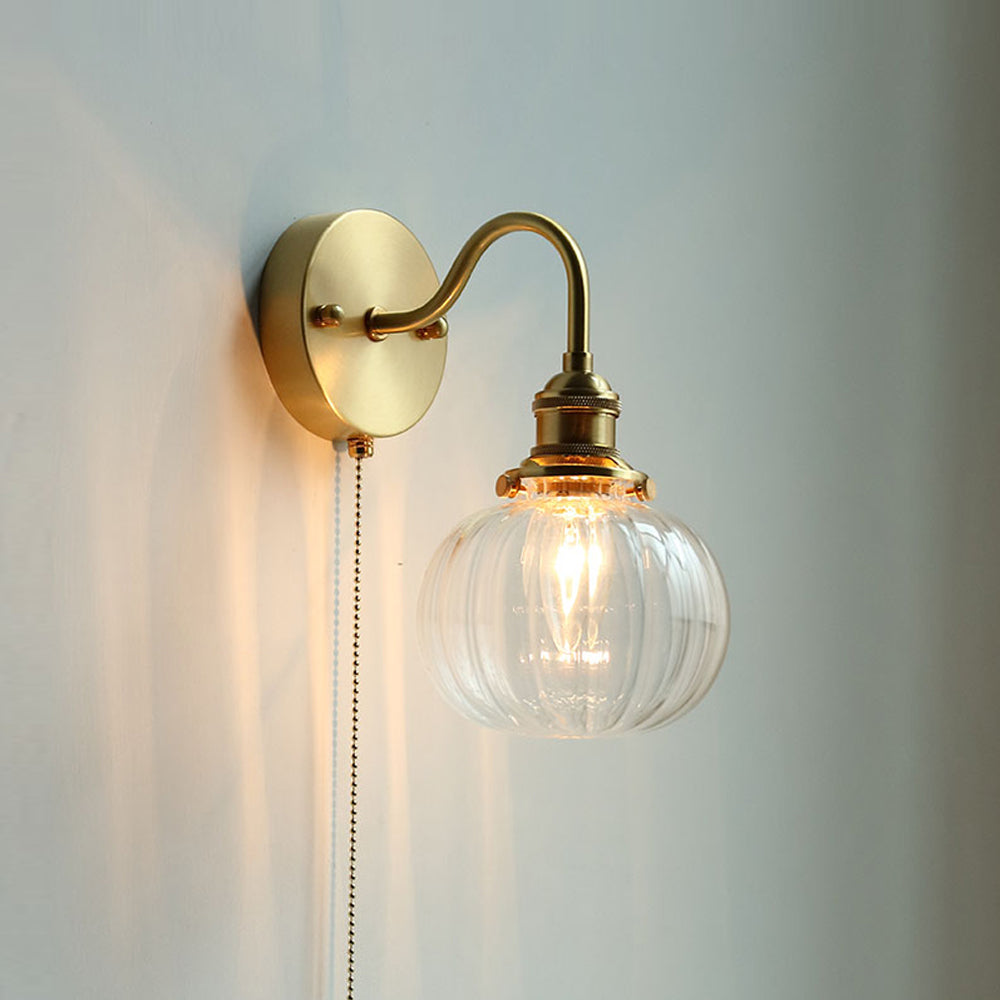Vintage-Style Glass Wall Lamp with Pull Chain – Classic Brass Finish