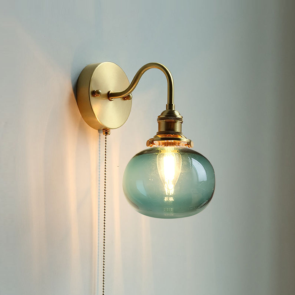 Vintage-Style Glass Wall Lamp with Pull Chain – Classic Brass Finish