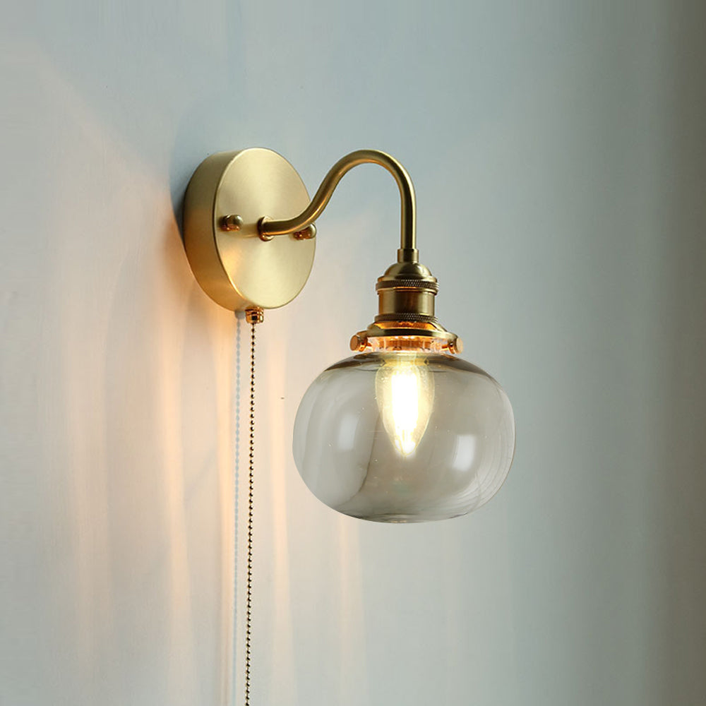 Vintage-Style Glass Wall Lamp with Pull Chain – Classic Brass Finish