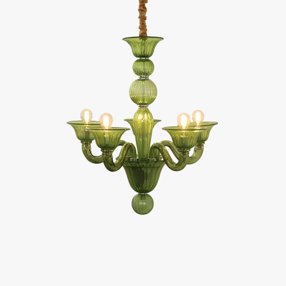Modern Floral Metal & Glass Chandelier – Retro Design in Green, Yellow, Clear