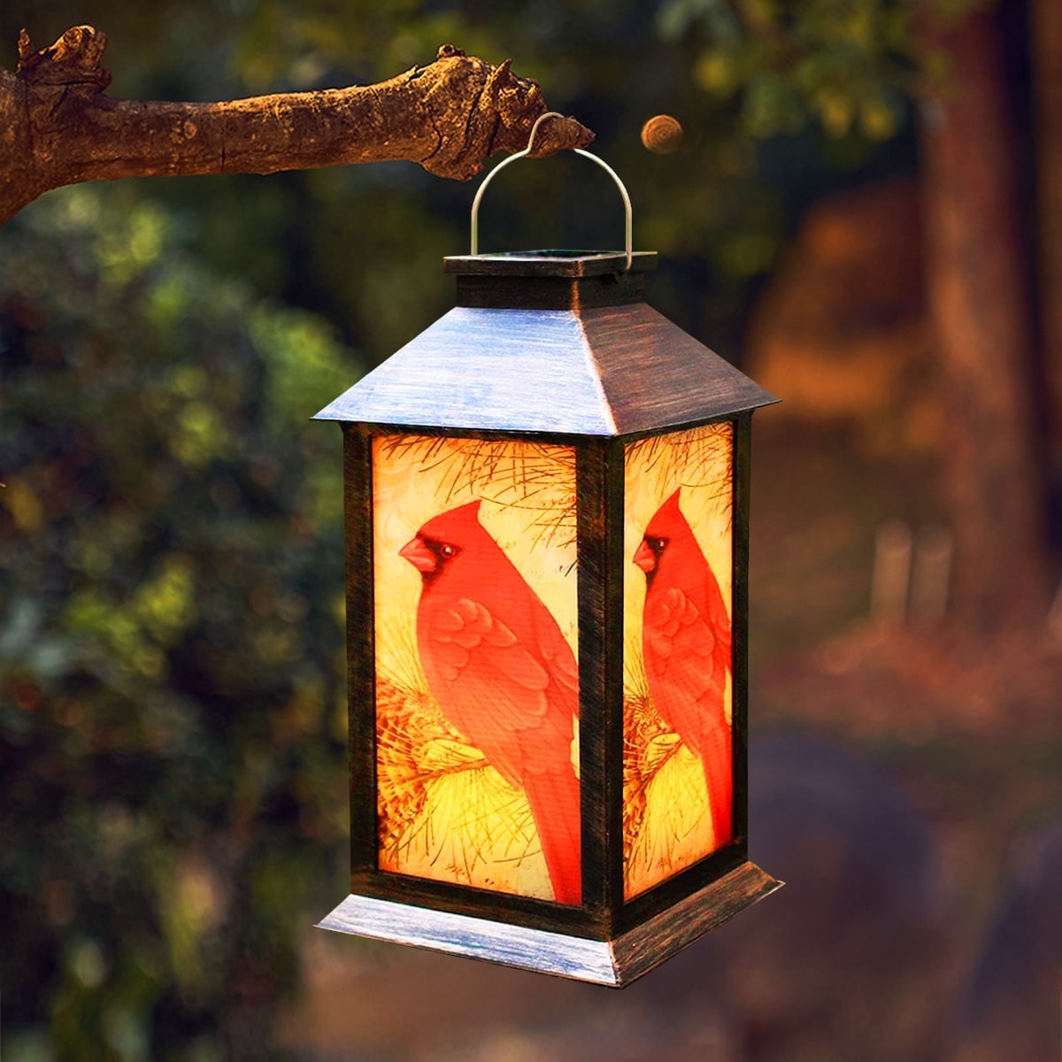 Metal Lantern with Cardinal Motif | Vintage-Inspired Light