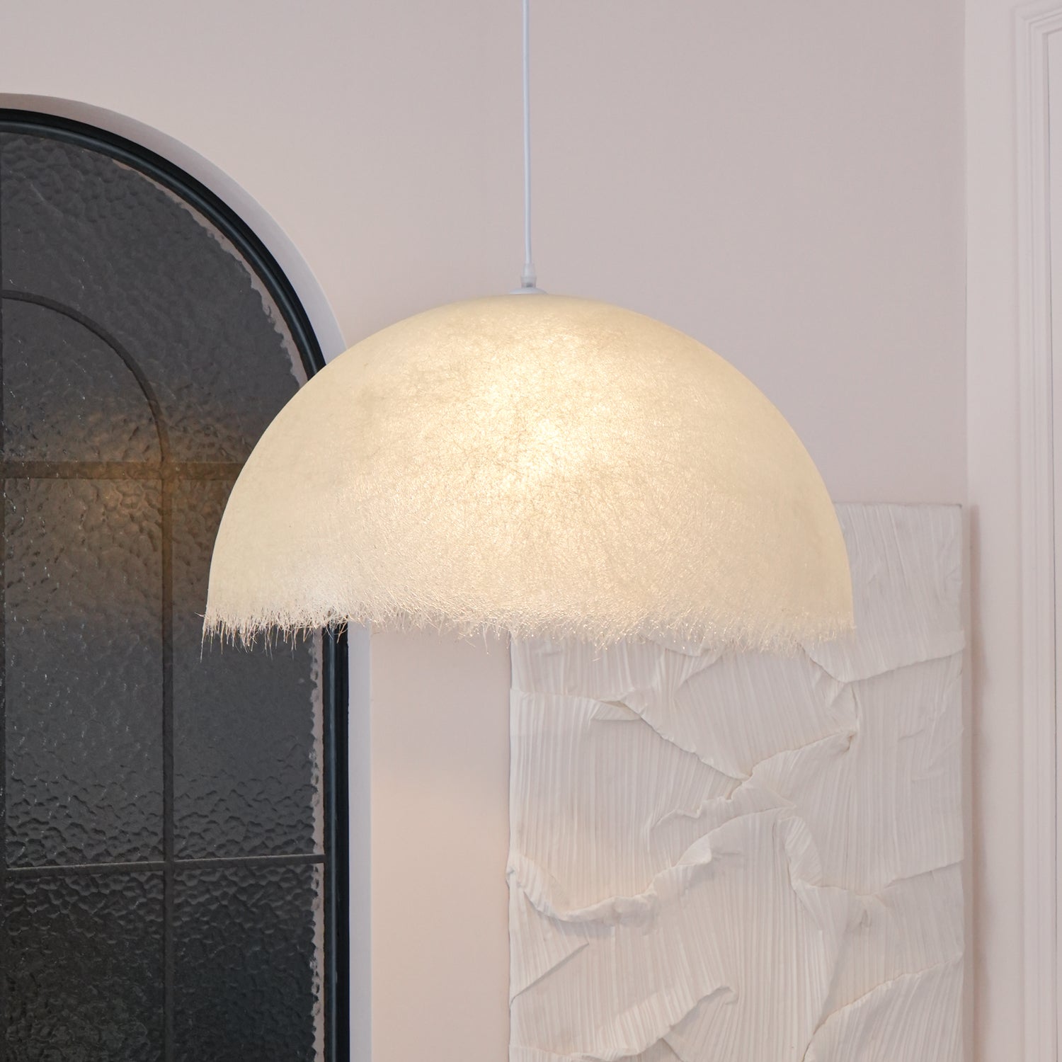White Dome-Shape Feather Pendant Light