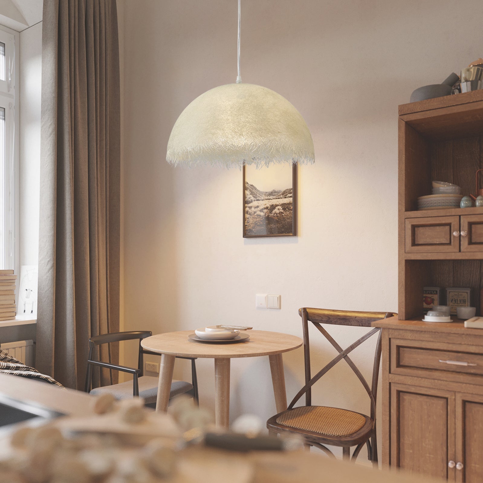 White Dome-Shape Feather Pendant Light