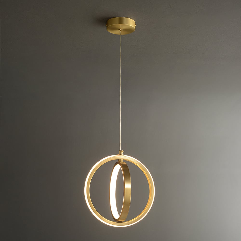 Gold Geometric 2-Ring LED Pendant Light | Brass Hanging Lamp