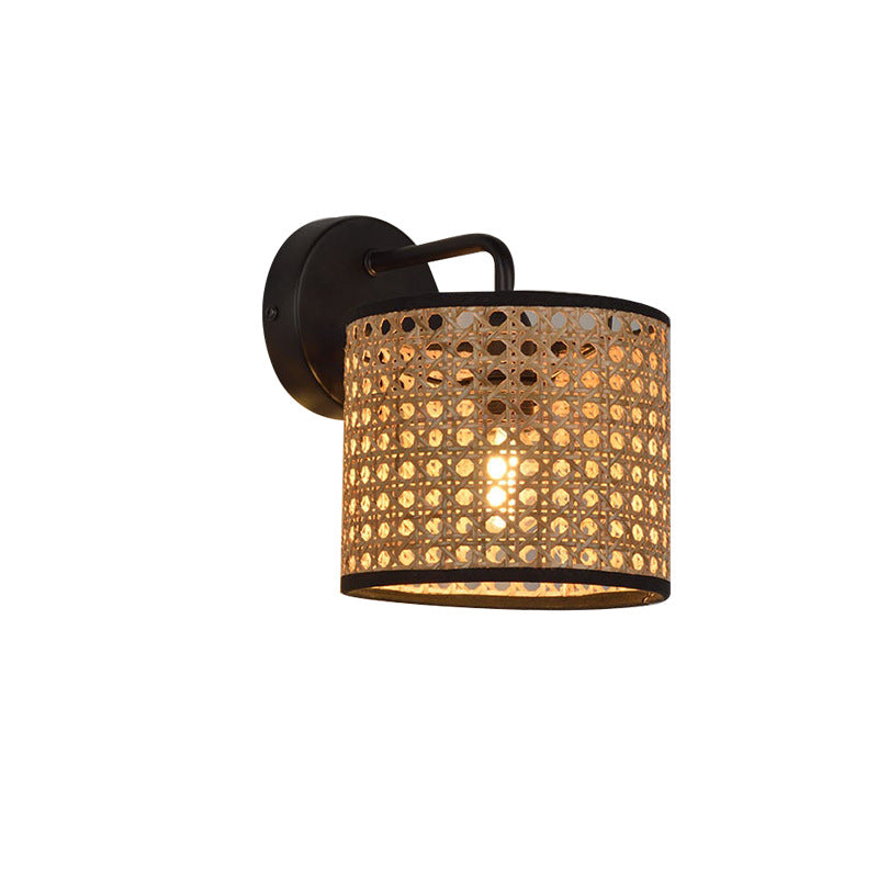 Boho Rattan Wall Sconce – Woven Drum LED Wall Light in Black Finish