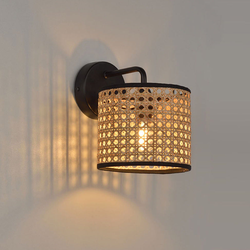 Boho Rattan Wall Sconce – Woven Drum LED Wall Light in Black Finish
