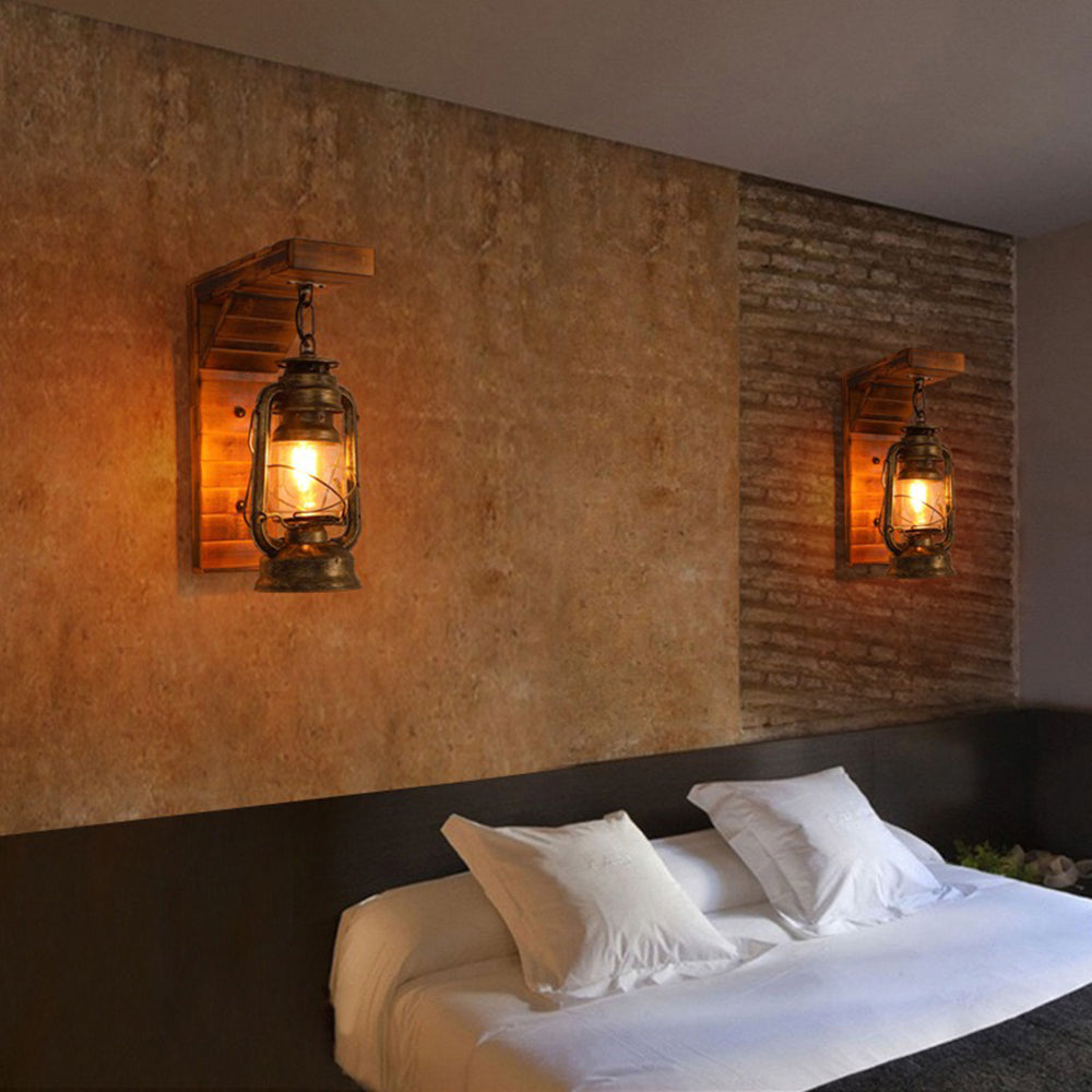 Vintage Wood Wall Lamp – Rustic Sconce with Metal and Glass Design
