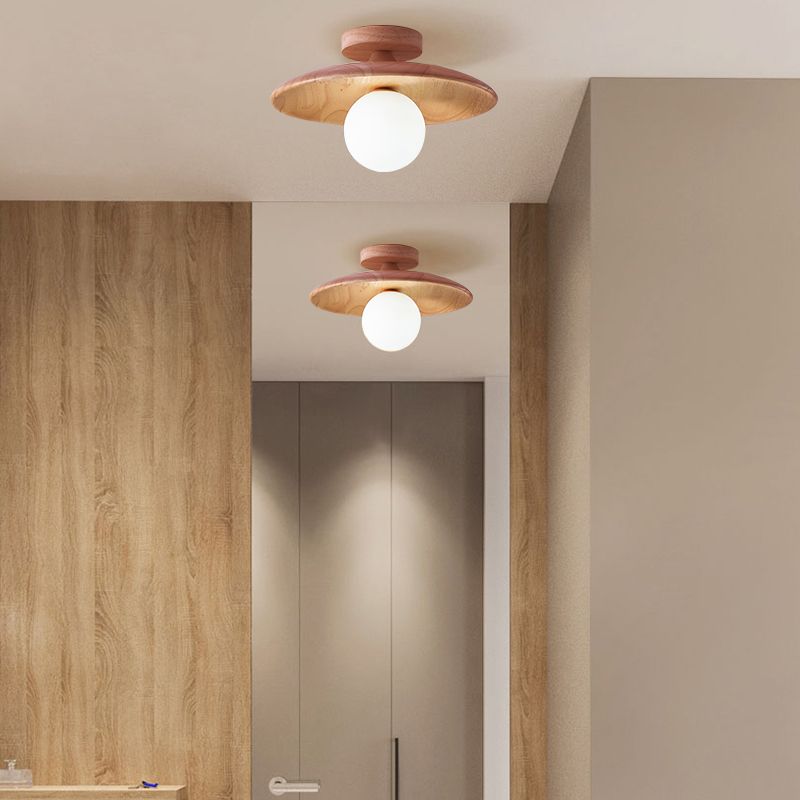 Indoor Flush Mount Ceiling Light – Walnut Wood and Glass Design