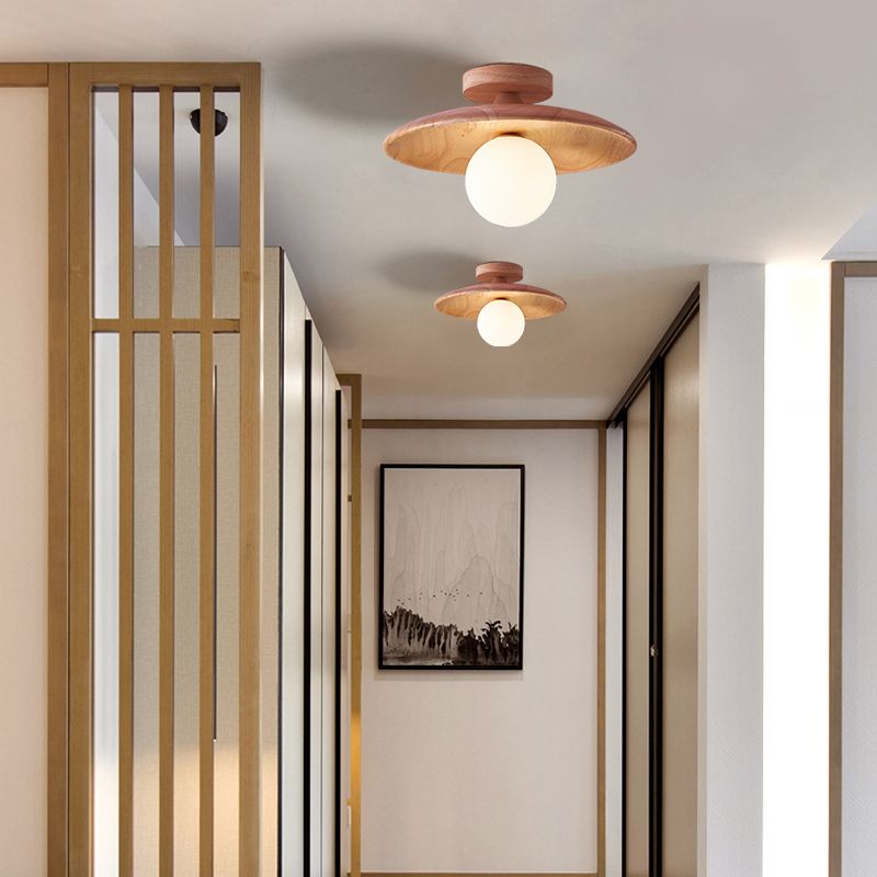 Indoor Flush Mount Ceiling Light – Walnut Wood and Glass Design